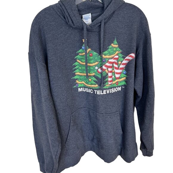 MTV Christmas Hoodie XL Port & Company Charcoal Gray Sweatshirt 90s Vtg Unisex - Picture 1 of 9